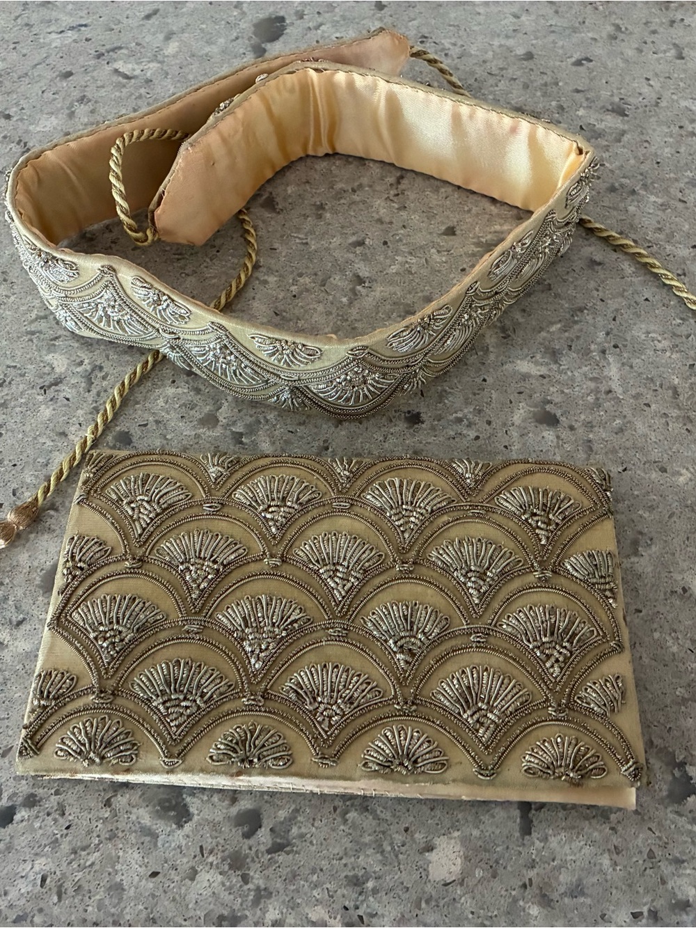 Vintage Gold Embroidered and Beaded Evening Clutch Bag with Matching Belt